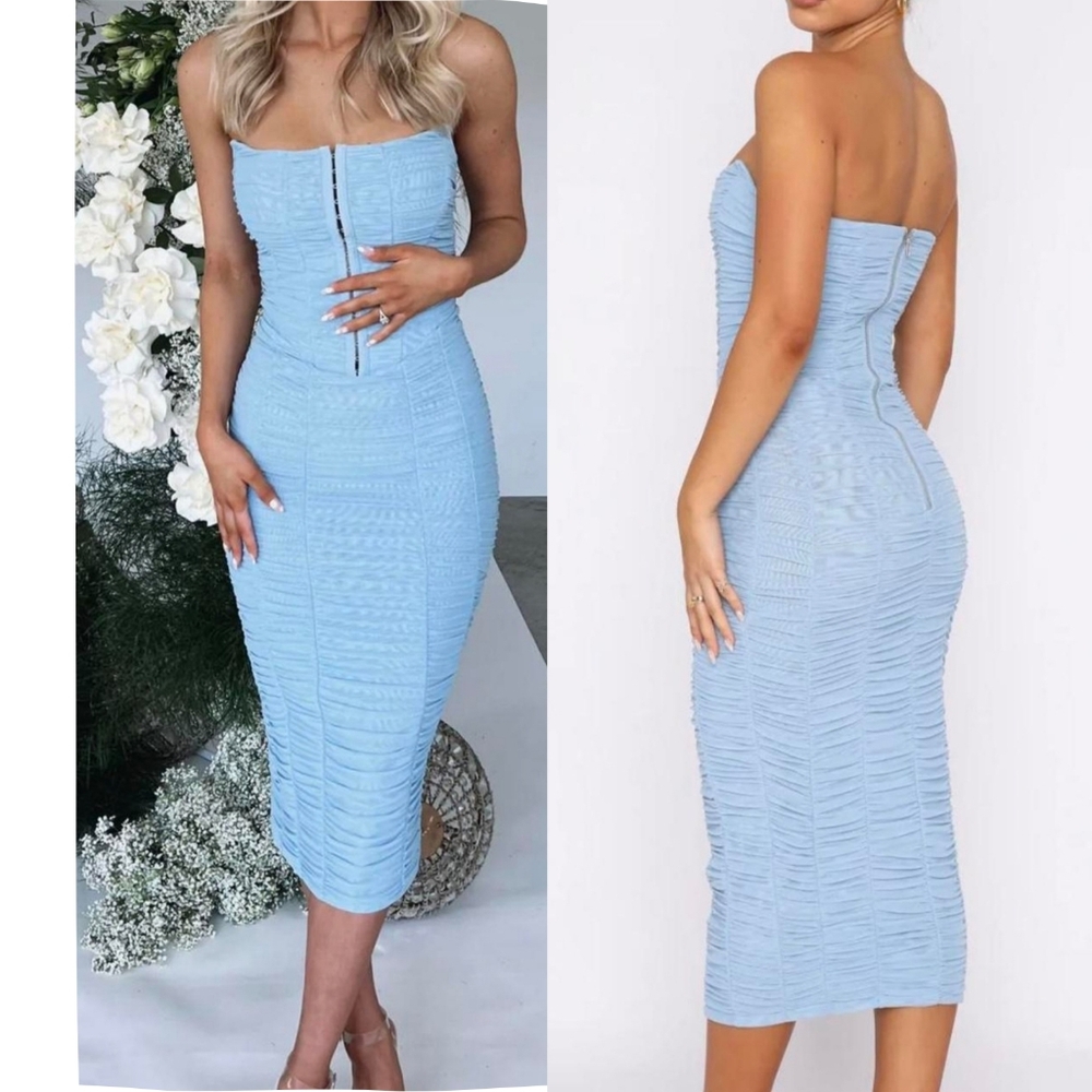 White‎ Fox Boutique Strapless Ruched Bodycon Dress Blue Size S Party Club Corset